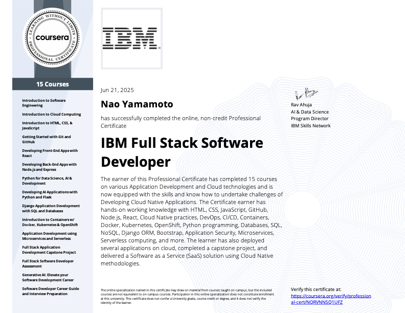 IBM Full Stack Software Developer Professional Certificate